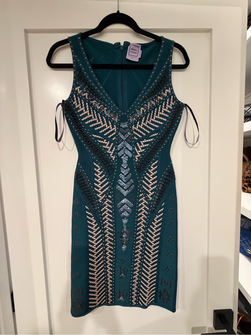 Herve Leger Teal Beaded V-Neck Mini Dress